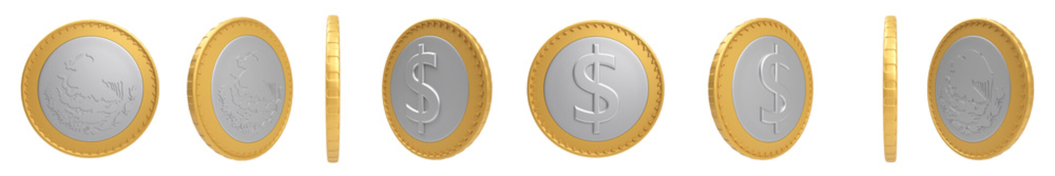 Illustration of 10 Mexican peso coins, 3D style, set of different perspectives