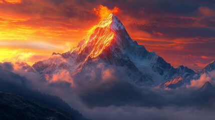 Misty mountains bathed in warm orange and yellow hues at sunset, symbolizing tranquility and the beauty of nature's chaos, a perfect high-definition phone wallpaper to evoke peace and awe