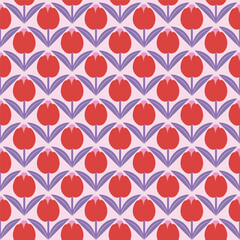 Pattern of red flowers with purple leafs on a soft pink background, wallpaper decoration, background design