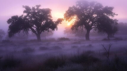 Fototapeta premium Serene Misty Sunrise Over Landscape with Silhouetted Trees