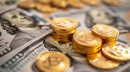 Bitcoin coins on top of US dollar bills, a close-up view of crypto and fiat currencies.