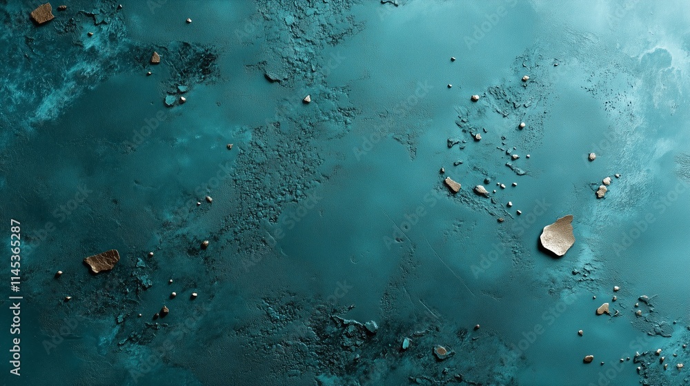 Aufkleber textured surface with blue background and scattered golden elements creates a striking visual patter