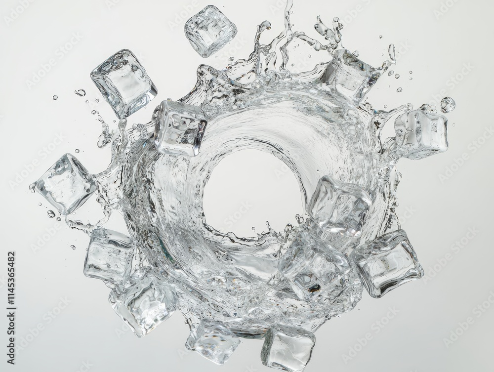 Aufkleber splashing water with ice cubes forming a circular pattern top view