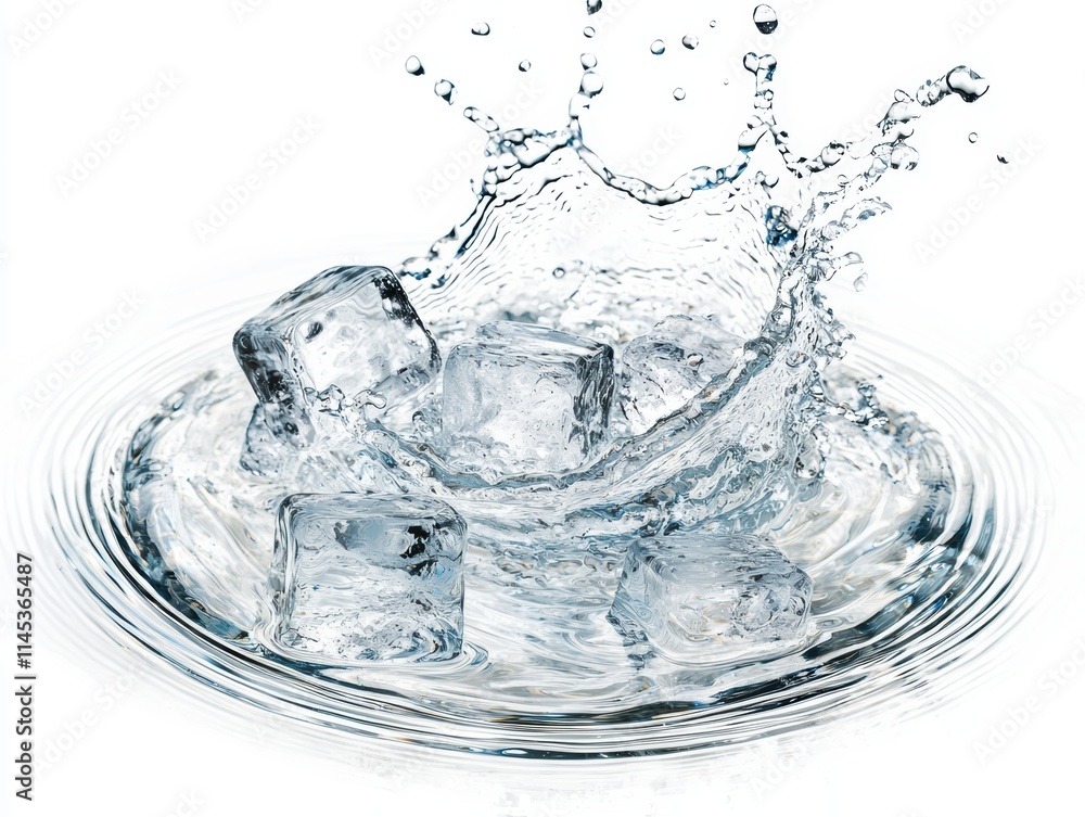 Poster ice cubes splashing in clear water creating ripples and bubbles