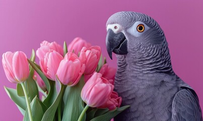 Obraz premium Cheerful mascot parrot with bouquet of pink tulips studio shot