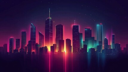 Vibrant city skyline at night. Neon lights illuminate the cityscape.