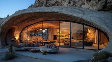 Modern cave house with large glass windows showcasing interior living space at dusk.