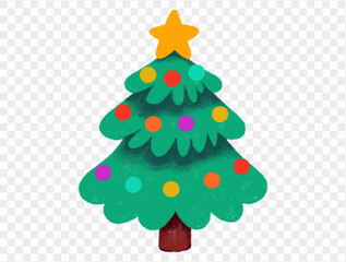 Hand drawn Christmas tree with chalk style decorations and childlike lines on  transparent background, perfect for festive designs. vector