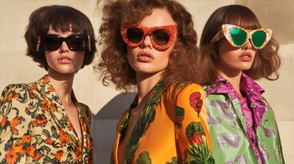 Obraz premium Fashion Models Showcasing Vibrant Sunglasses and Stylish Outfits