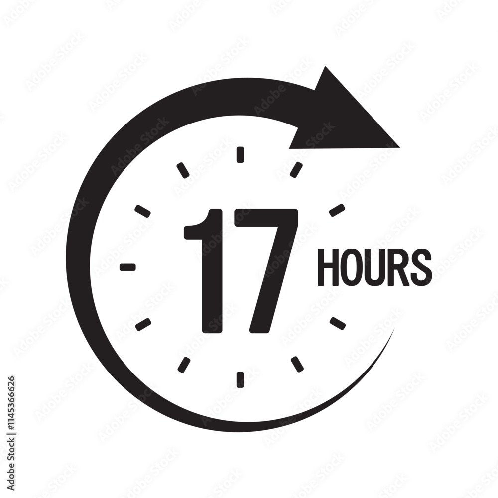 Poster seventeen hours icon. black circular arrow. countdown timer design. vector clock illustration.