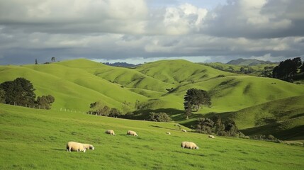 Fototapeta premium Lush Green Rolling Hills with Grazing Sheep Under Cloudy Sky