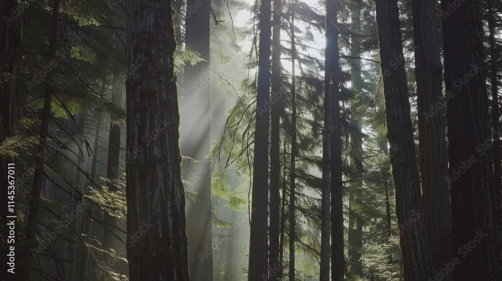 Poster sunlight filtering through tall trees in serene forest setting