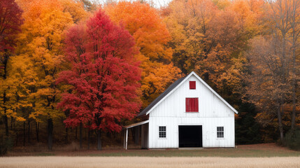 Colorful autumn landscape featuring a white barn nestled among vibrant trees in a serene rural setting