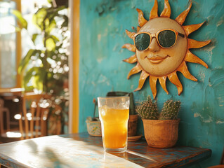 Bohemian Dining Scene with Sun Wearing Shades and Drinking, Perfect for Creative Designs