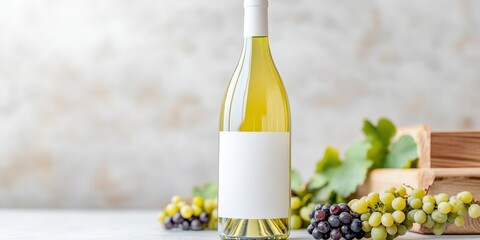 This mockup features a sleek white wine bottle with an empty label surrounded by fresh grapes. The subtly blurred background creates an elite atmosphere perfect for marketing and design projects