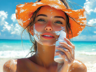 Woman Using Large Amounts of Sun Cream, Beach Setting, Cartoon Style