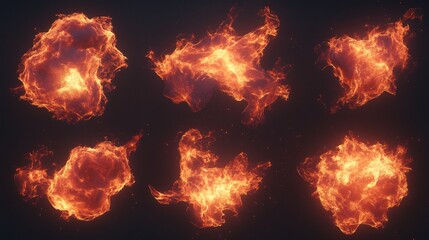 Fototapeta premium Eight fiery orbs, various shapes and sizes, isolated on black background.