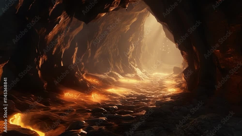 Poster exploring a dark cave with fiery light, casting eerie shadows on rugged stone walls, creating a myst