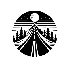 Night Drive Mountain Peak: A captivating monochrome illustration of a road winding towards a majestic mountain peak under a full moon, framed in a circular design. Perfect for adventure, travel.