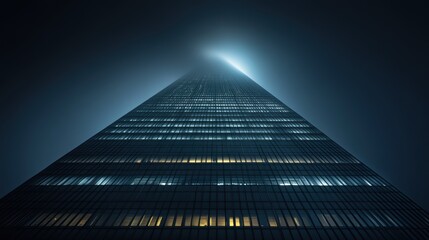 Skyscraper Reaching into Misty Night Sky with Urban Atmosphere