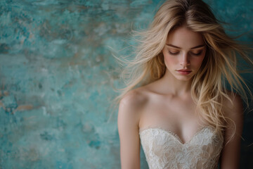 Fototapeta premium Ethereal Beauty: A Portrait of a Blonde Woman in a Lace Dress, Capturing Romance and Elegance Against a Textured Background