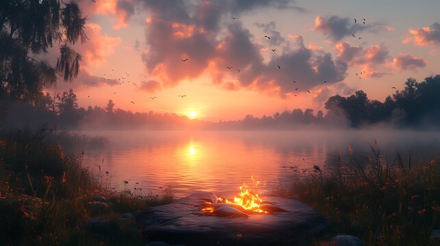 Calm sunset over misty lake with campfire on rocks. - Powered by Adobe