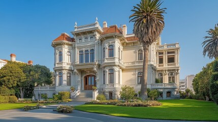 Obraz premium Elegant Mansion Surrounded by Lush Greenery and Palm Trees