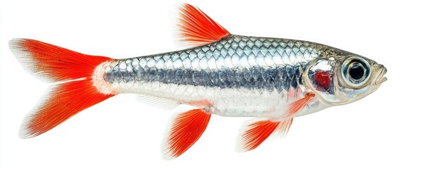 A vibrant fish with a silver body and striking red fins, showcasing its elegance in aquatic...