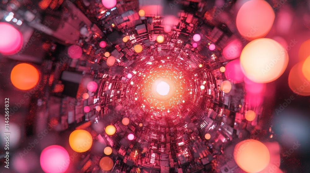 Poster a vibrant tunnel of pink and red lights blurs into a bright center point. circular bokeh dots add de