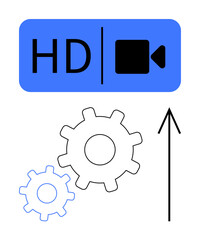 HD video icon above two interlocking gears and upward arrow. Ideal for media quality, technology advancements, productivity, innovation, mechanical processes, engineering, growth. Line metaphor