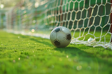 Naklejka premium Close up of a soccer ball flying into the goal net on a green grass field, a sports background. Ai generative