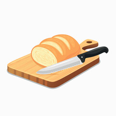 Flat Vector Wooden Cutting Board with Kitchen Knife Icon. Cutting Board and Knife Design Template. Chopping Board with Knife and Loaf of Bread Illustration Isolated on White Background