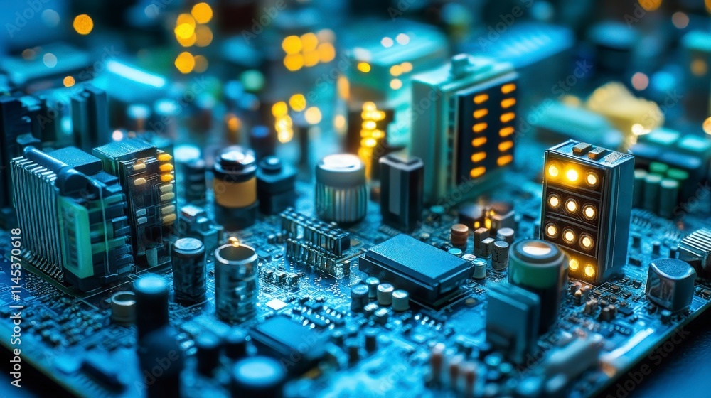 Poster close-up view of a computer circuit board with various electronic components. illuminated leds highl