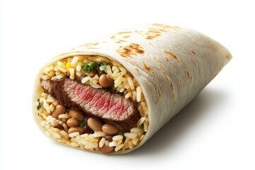 Delicious Grilled Steak Burrito with Rice and Beans on White Background