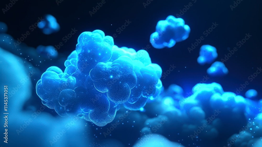 Poster abstract glowing blue clouds made of particles on a dark background. digital network concept visuali