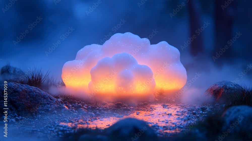 Poster a glowing cloud-shaped object illuminates a misty forest floor at dusk. orange light emanates from w