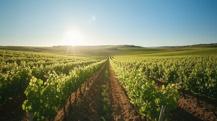 Fototapeta premium Lush vineyard landscape under a bright sun, showcasing rows of grapevines.