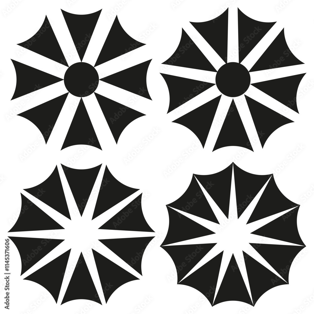 Poster abstract radial shapes. geometric vector patterns. black and white designs. symmetric sharp symbols.