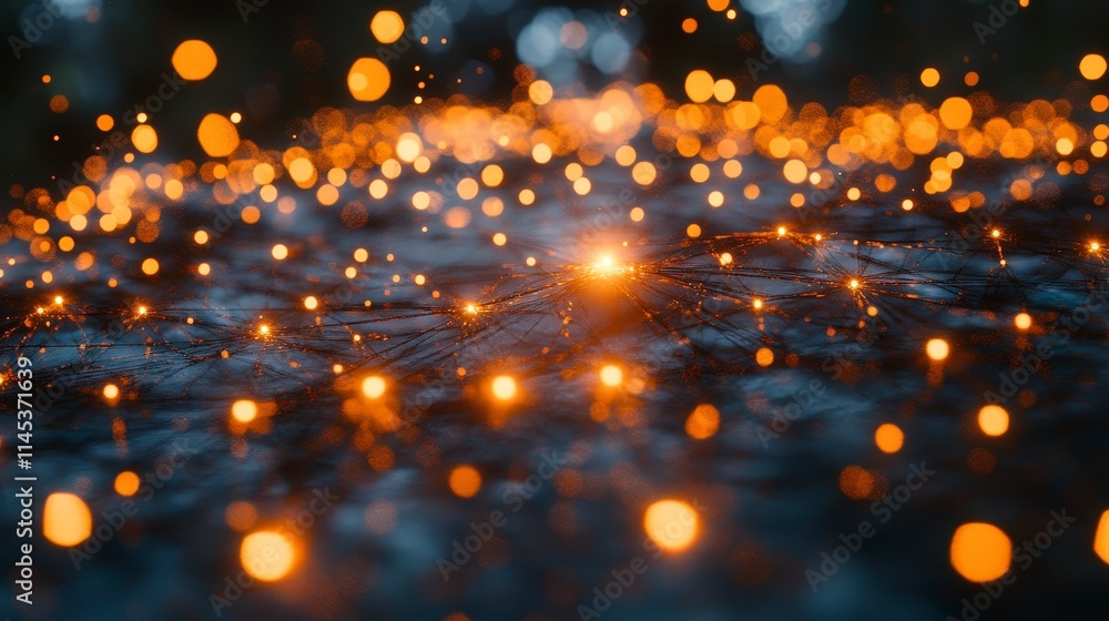 Poster a network of interconnected glowing orange nodes and lines spread across a dark textured surface wit