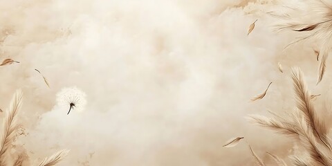 Dandelion seeds and feathers float gently on a beige background