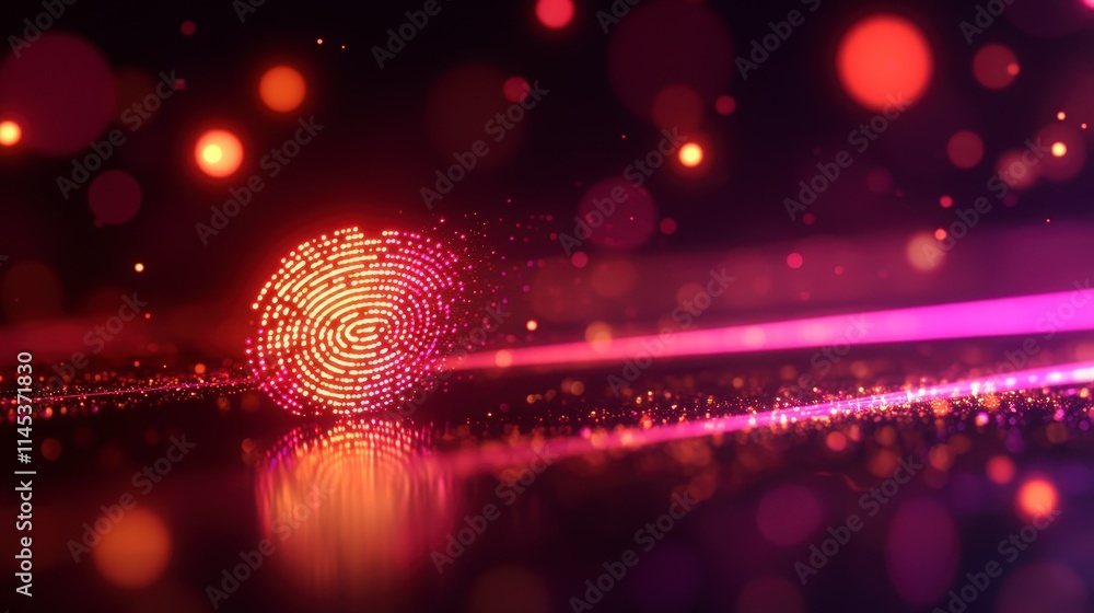 Poster a glowing orange fingerprint floats above a reflective surface with pink light trails and bokeh. the