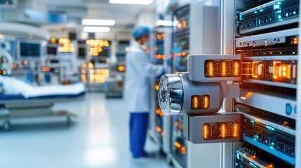 Fototapeta premium A healthcare professional adjusts a server in a high-tech medical facility, surrounded by advanced equipment and glowing data displays.