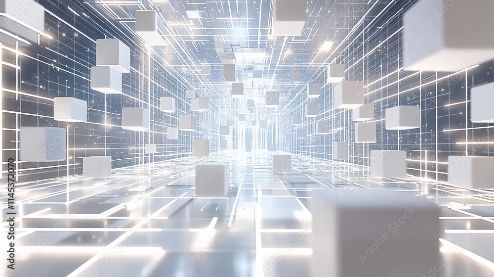 Poster futuristic glowing tunnel with floating cubes.