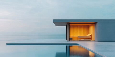 A serene outdoor sauna overlooks a calm pool featuring minimalistic architecture and warm wooden interiors. The setting promotes relaxation and tranquility during twilight hours