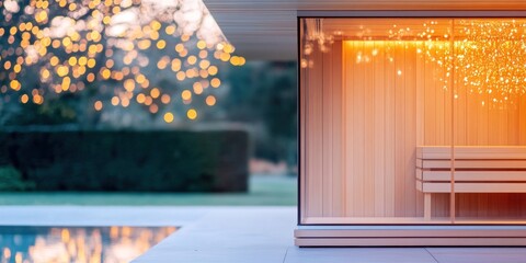 Soft lighting envelops this outdoor sauna promoting a serene environment that fosters relaxation and wellness. The minimalistic surroundings enhance the tranquil experience