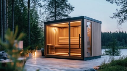 Experience tranquility in this outdoor sauna nestled in a serene natural setting. The soft lighting creates a warm atmosphere inviting relaxation as the day transitions into evening