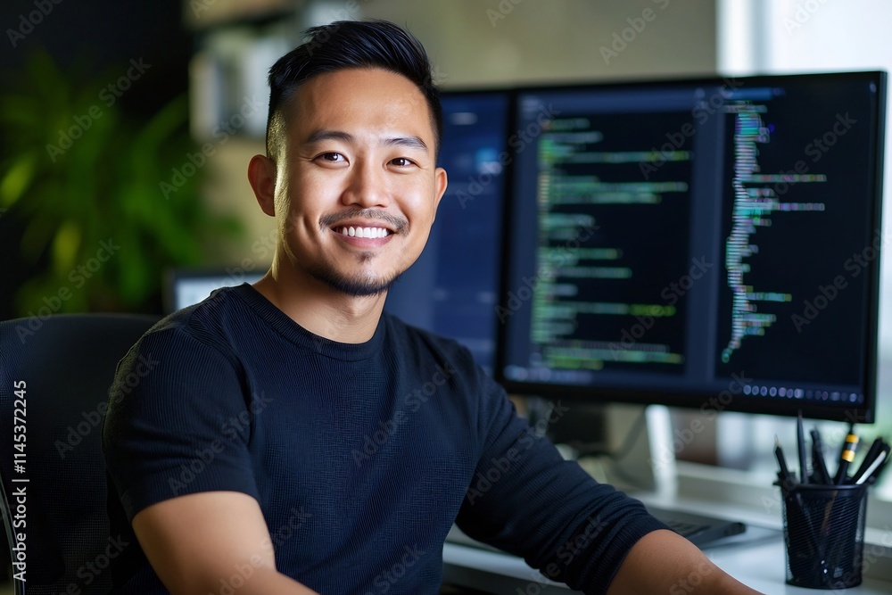 Aufkleber confident and skilled web developer smiling at in design studio