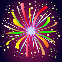 Colorful Radiating Lightburst Design. Abstract firework illustration with colorful streaks and glowing sparkles on a dark gradient background