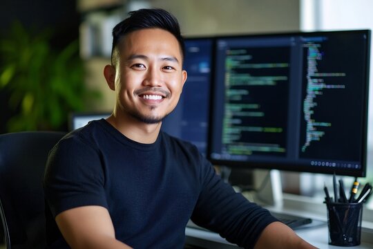 Confident and Skilled Web Developer Smiling at in Design Studio