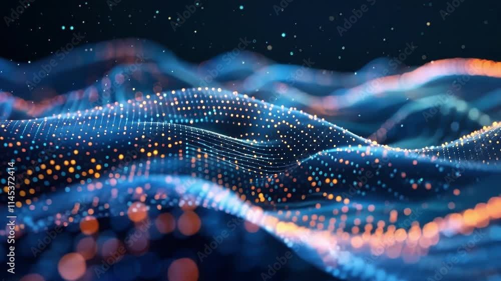 Poster complex data streams are visualized as an abstract wave of glowing particles, representing the dynam
